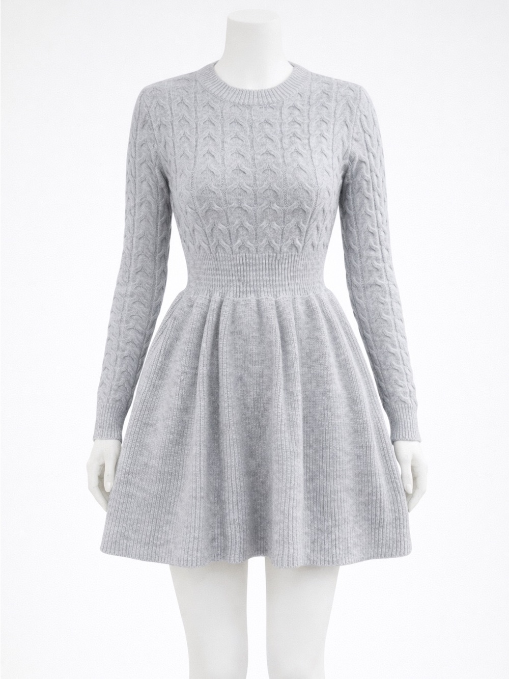 Cable Knit Light Gray Feminine Skater Preppy cozy minimalist Sweater Dress L
